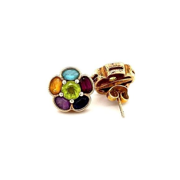 925 Gold Multicolor Stones Stud Earrings - Picture 3 of 7
